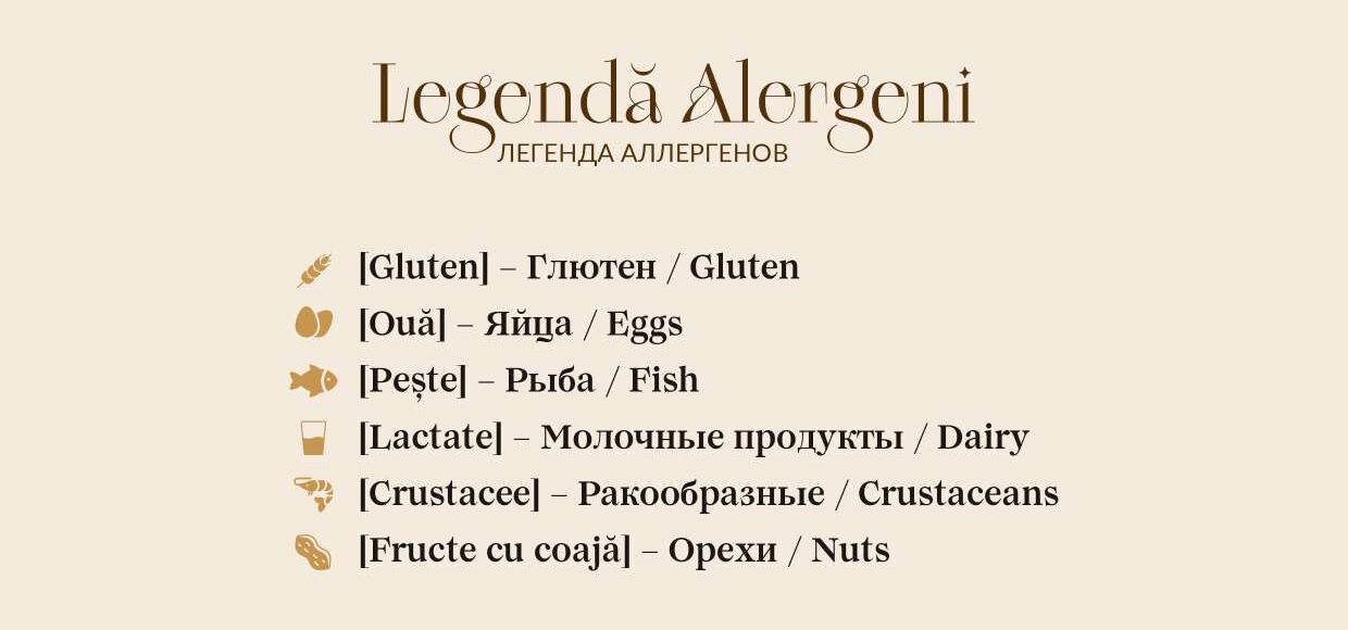 Меню Panadero: легенда аллергенов — Gluten / Глютен, Ouă / Яйца, Pește / Рыба, Lactate / Молочные продукты, Crustacee / Ракообразные, Fructe cu coajă / Орехи